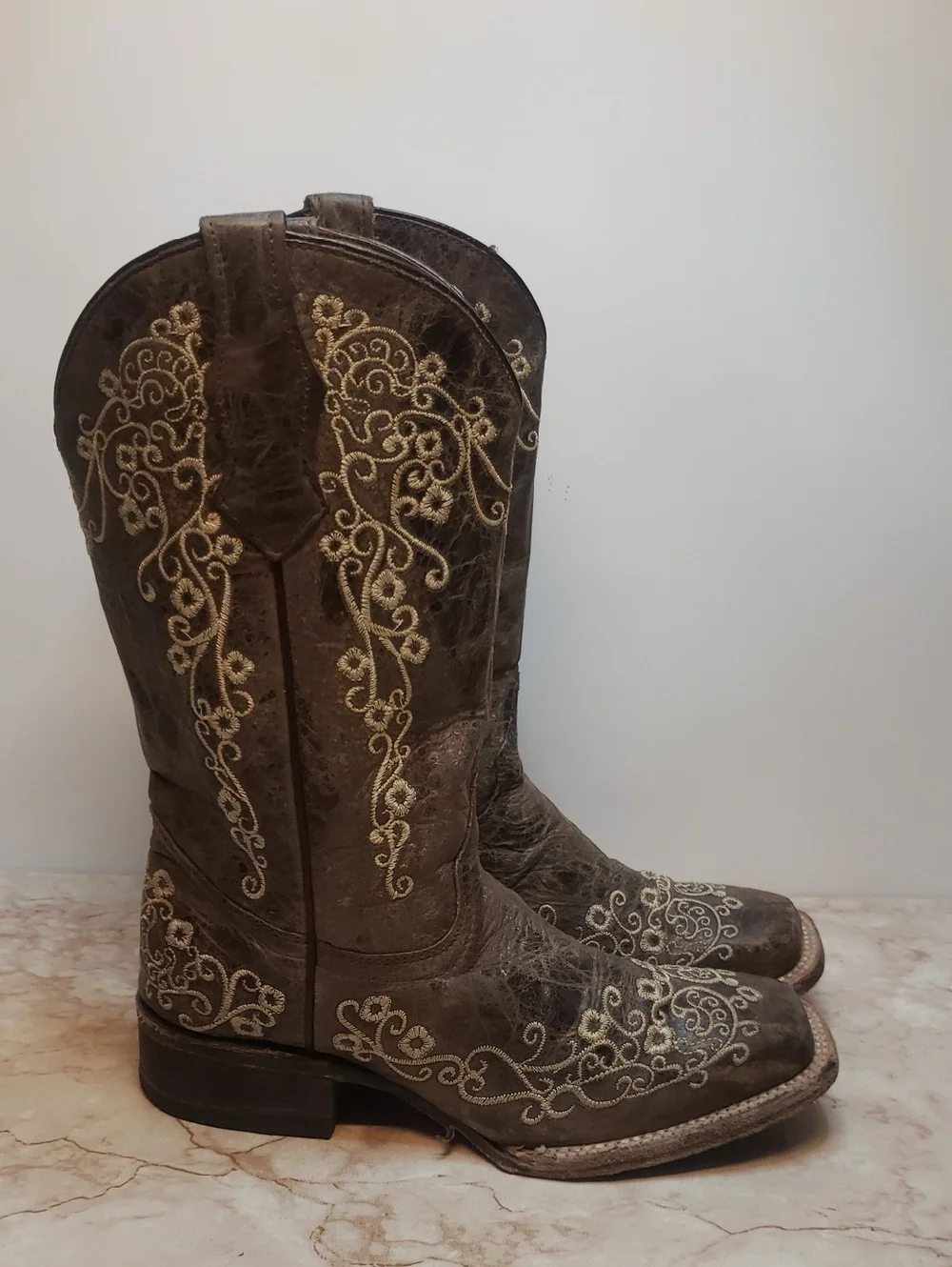 Corral  Brown Western Youth Embroidered Heeled Squear Toe Boots Size 3.5